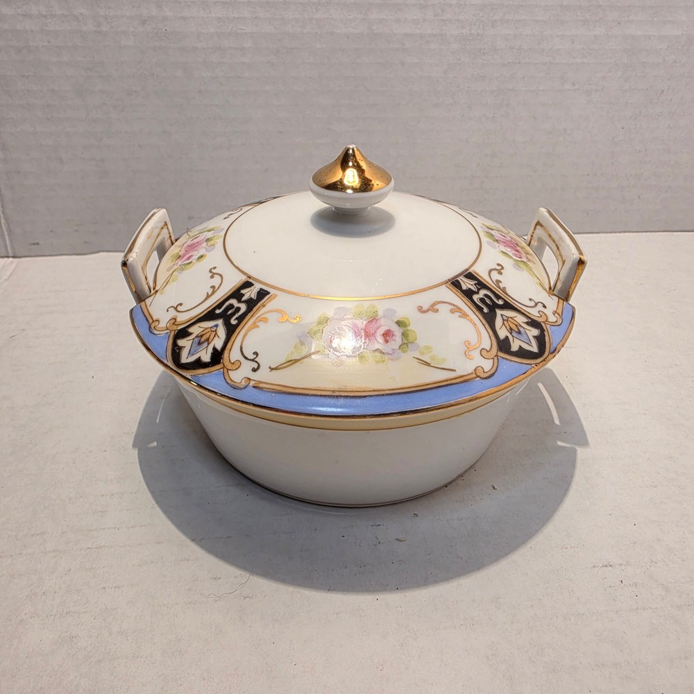 Vintage Noritake Hand Painted Porcelain Covered Vegetable Bowl Gold Trim Floral